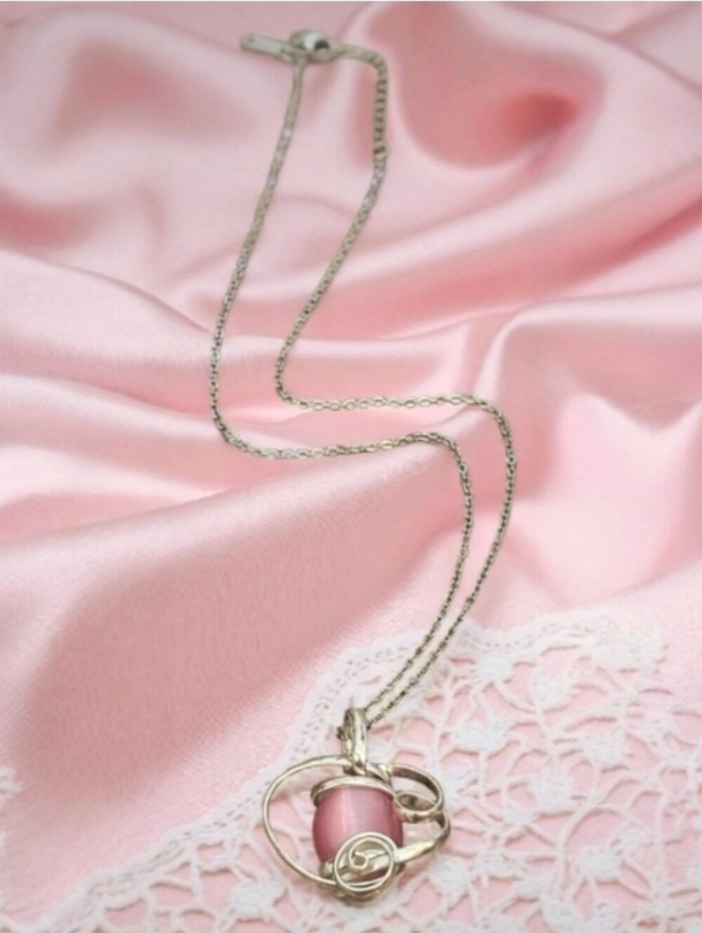 Pink Semi-Precious Wrapped Gemstone On 18" Stainless Steel Rope Chain